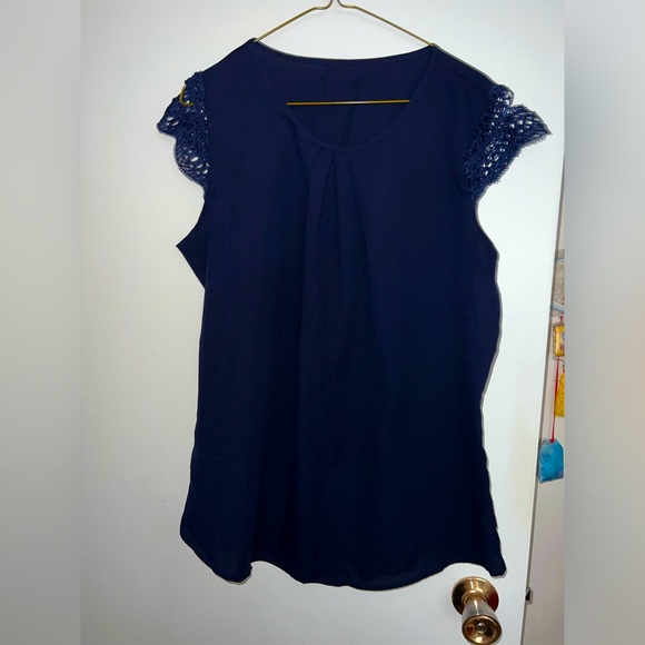 Light navy blue top with cap sleeve. - Picture 1 of 4